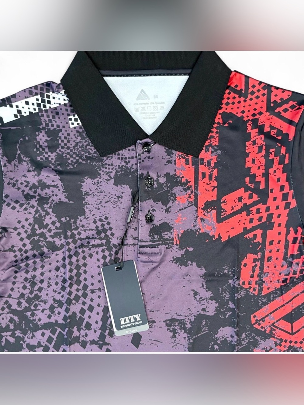 Women’s Ziti Black Golf Polo with Purple and Red Graphic - Picture 3 of 5
